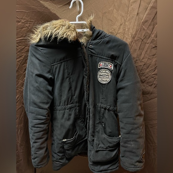 Essence Patch Detail Drawstring Waist Teddy Lined Fuzzy Trim Hooded Parka Coat - Picture 6 of 6